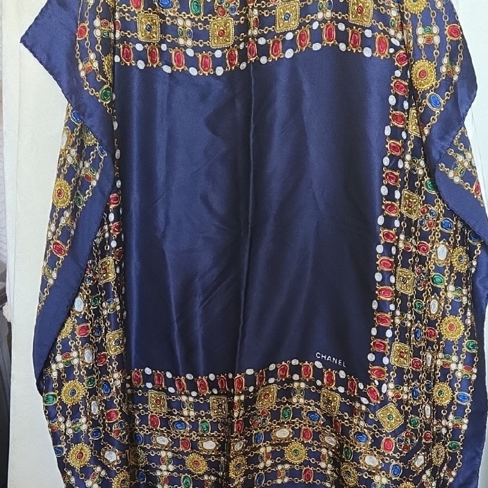 Authentic Chanel Deep Blue Silk Scarf with Gold and Jewel Patterns